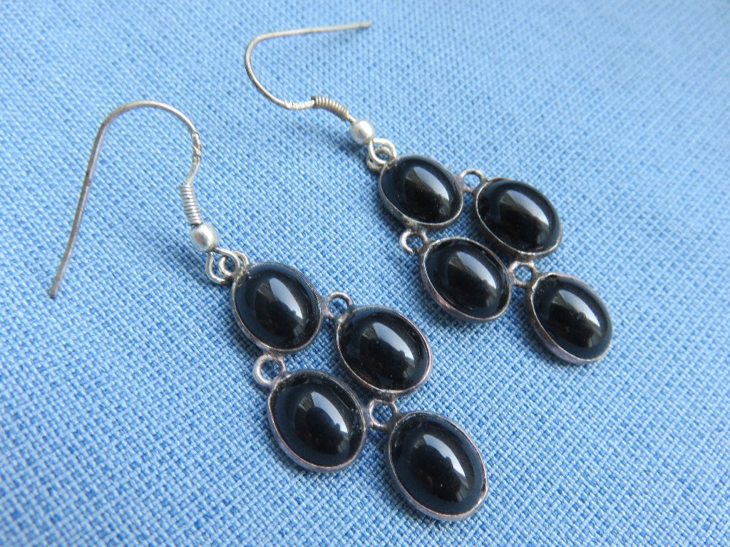 Vintage oorhangers met onyx in 925 kt. zilver, Sieraden, Tassen en Uiterlijk, Oorbellen, Hangers, Zwart, Ophalen of Verzenden