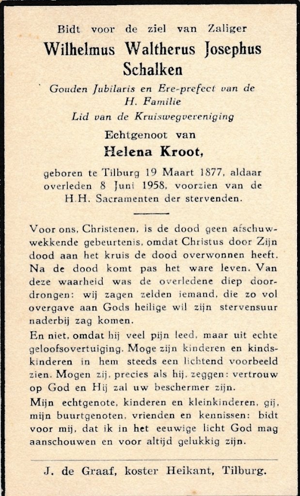 Schalken Wilhelmus 1877 Tilburg 1958, Ophalen of Verzenden, Bidprentje