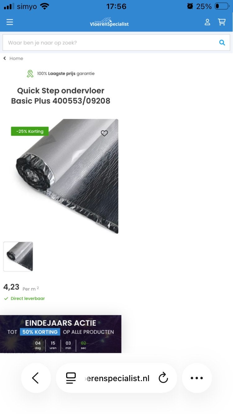 Te koop bijna hele rol Quickstep basic plus ondervloer, Ophalen, Zo goed als nieuw