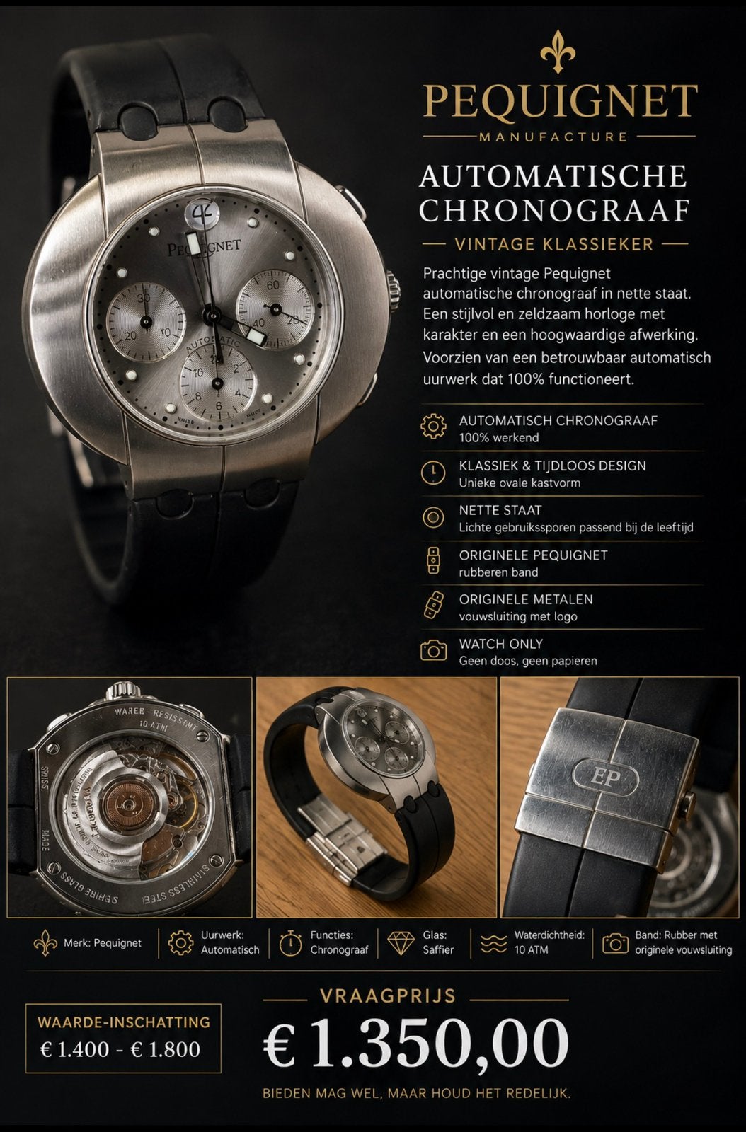 Pequignet Automatische Chronograaf – Swiss Made – Vintage, Ophalen of Verzenden, Gebruikt