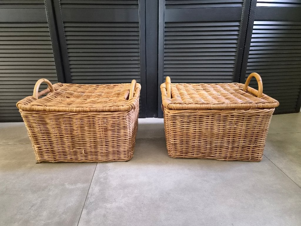 Set rieten manden, Huis en Inrichting, Woonaccessoires | Schalen en Manden, Gebruikt, Mand, Met deksel, Ophalen of Verzenden