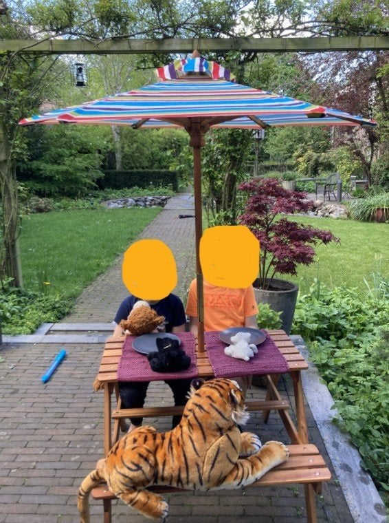 Picknicktafel (buiten en binnen) voor kinderen met parasol, Tuin en Terras, Gebruikt, Rechthoekig, Hout, Ophalen