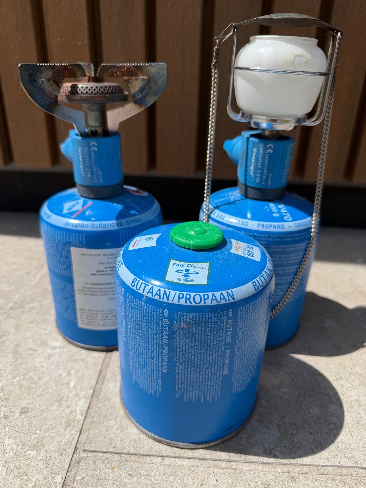 Campingaz gasbranders en lamp met gasflessen, Ophalen of Verzenden, Gebruikt