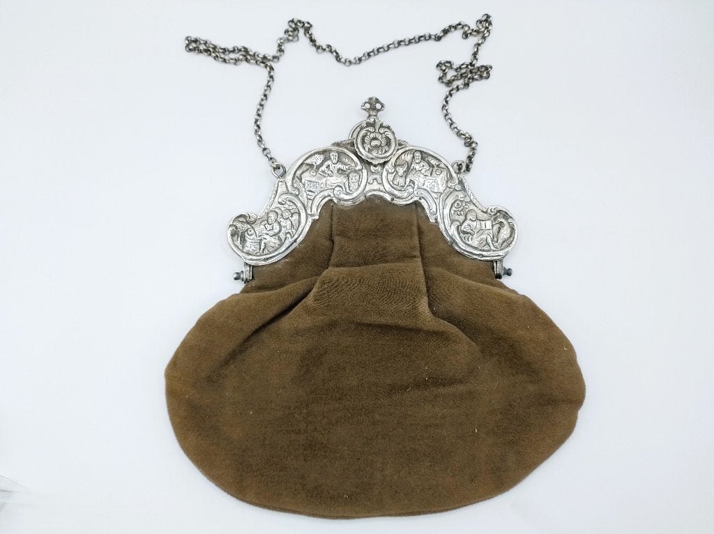 Zilveren tasbeugel, fluwelen tas, A. Offringa, Huizum, 1797, Verzenden, Zilver