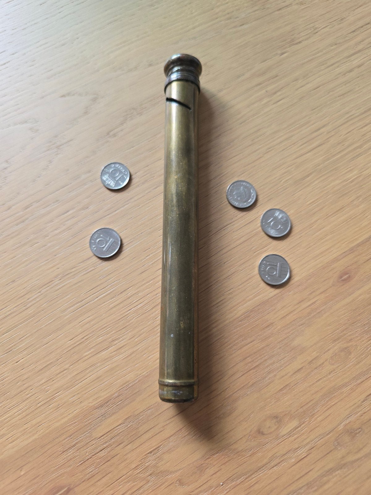 Antieke koperen dubbeltjes buis /dubbeltjes spaarpot €12,50, Ophalen of Verzenden, Koper