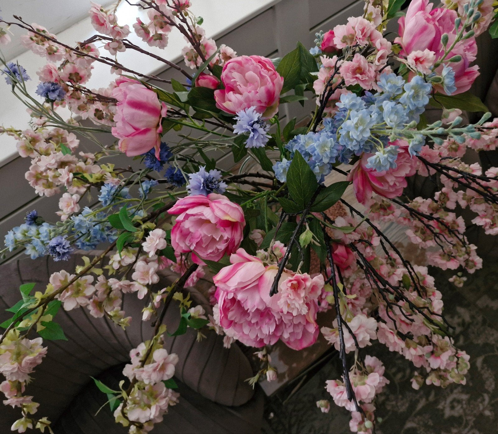 Prachtig zijden bloemen boeket - Roze en blauw, Ophalen, Binnen, Boeket, Onderhoudsvrij