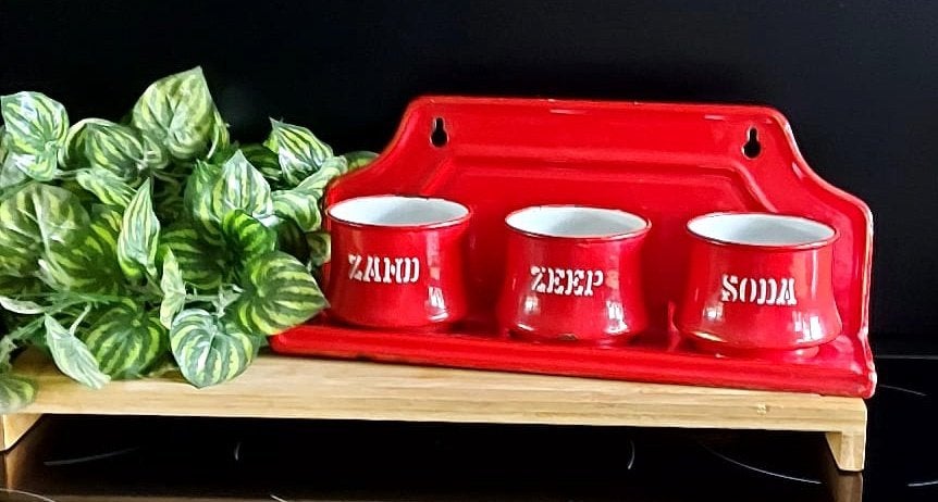 Emaille zand zeep soda rood met goude bies, Antiek en Kunst, Antiek | Emaille, Ophalen of Verzenden