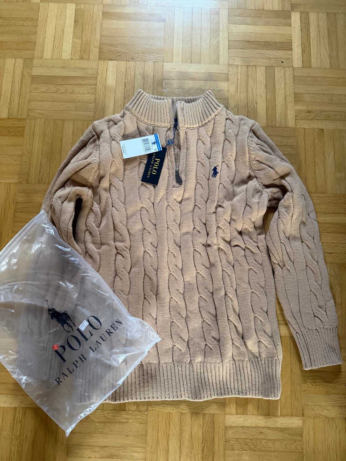 Ralph Lauren Quarterzip Kabelgebreide Trui - Maat L, Ophalen of Verzenden, Nieuw, Maat 52/54 (L), Beige