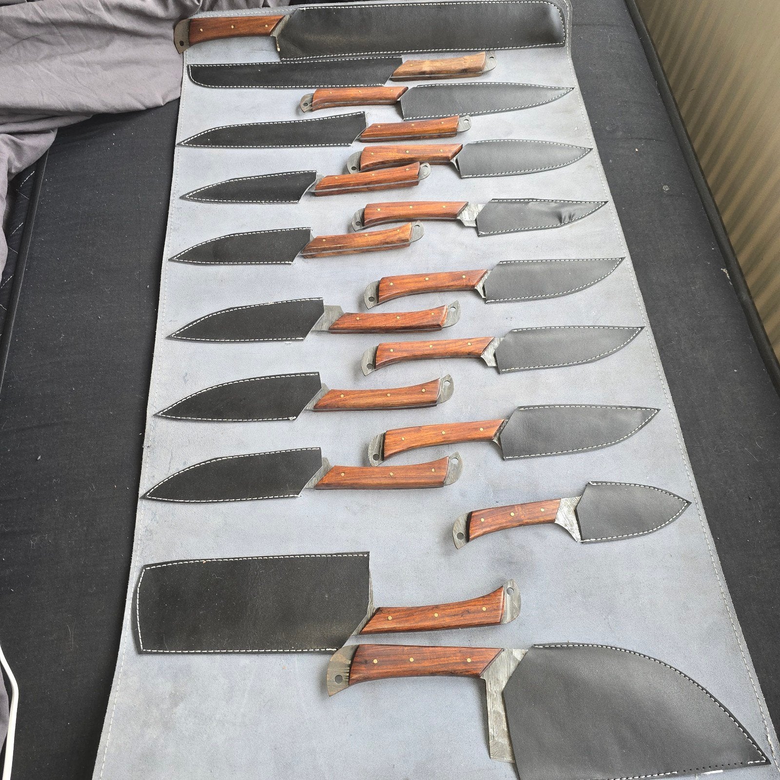 Professionele Messenset - Damascus Staal met Houten Handvat, Overige typen, Ophalen of Verzenden, Zo goed als nieuw, Metaal