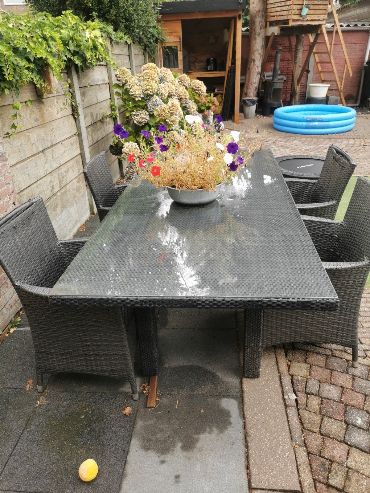tuintafel met 4 stoelen, Ophalen of Verzenden, Gebruikt, Rechthoekig, Kunststof