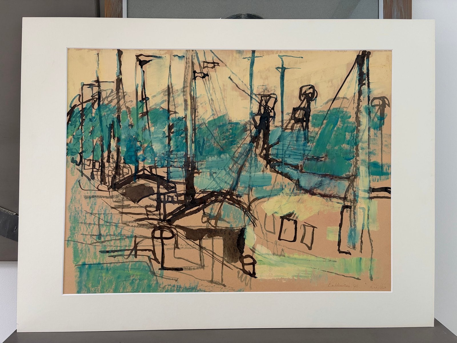 Abstracte havengezicht aquarel/krijt - gesigneerd '96, Ophalen, Maritiem / water, Abstract, Gesigneerd