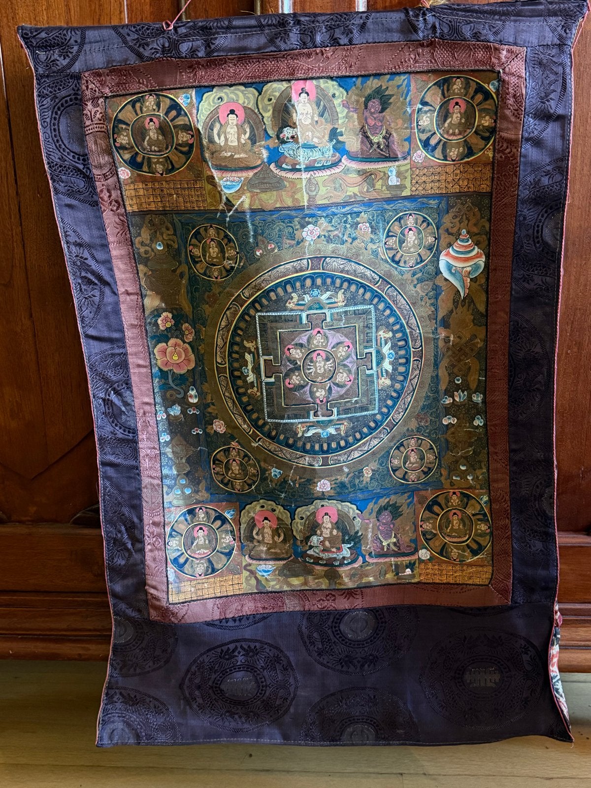 Prachtige Tibetaanse Thangka met Mandala en Boeddha's, Tibet, Wanddecoratie, Textiel, Ophalen of Verzenden
