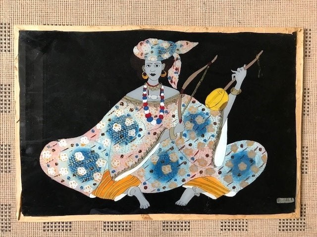 Senegalees 'behind glass' schilderij., Antiek en Kunst, Schilderij, Afrika, Ophalen of Verzenden, Meerkleurig