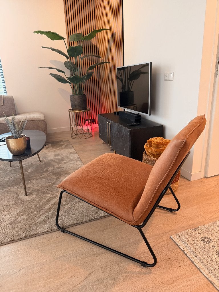 Fauteuil James bruin/cognac (zo goed als nieuw), Huis en Inrichting, Ophalen, Zo goed als nieuw, 75 tot 100 cm, 50 tot 75 cm