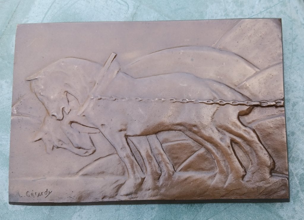Art deco bronzen plaquette plakette L. Gerardy 2 trekpaarden, Ophalen of Verzenden, Brons
