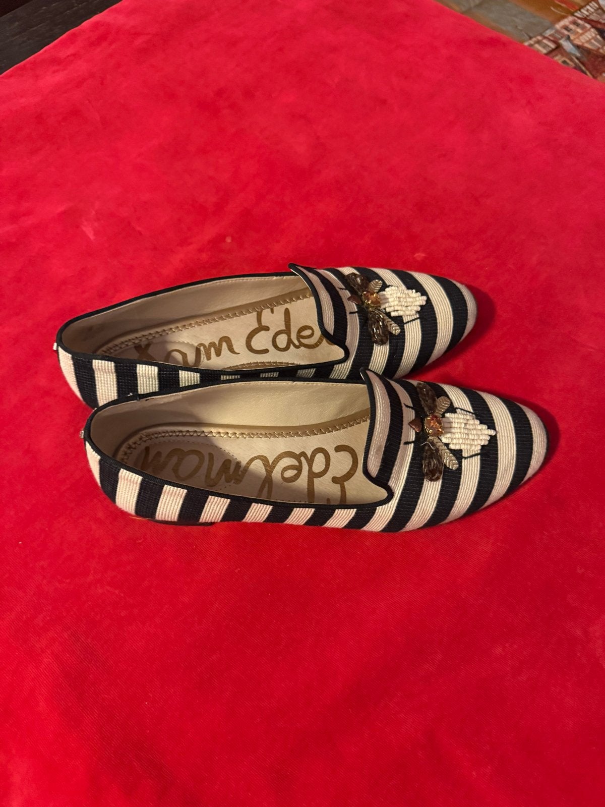 Sam Edelman gestreepte instappers met bijen detail, Kleding | Dames, Schoenen, Verzenden, Zo goed als nieuw, Zwart, Instappers