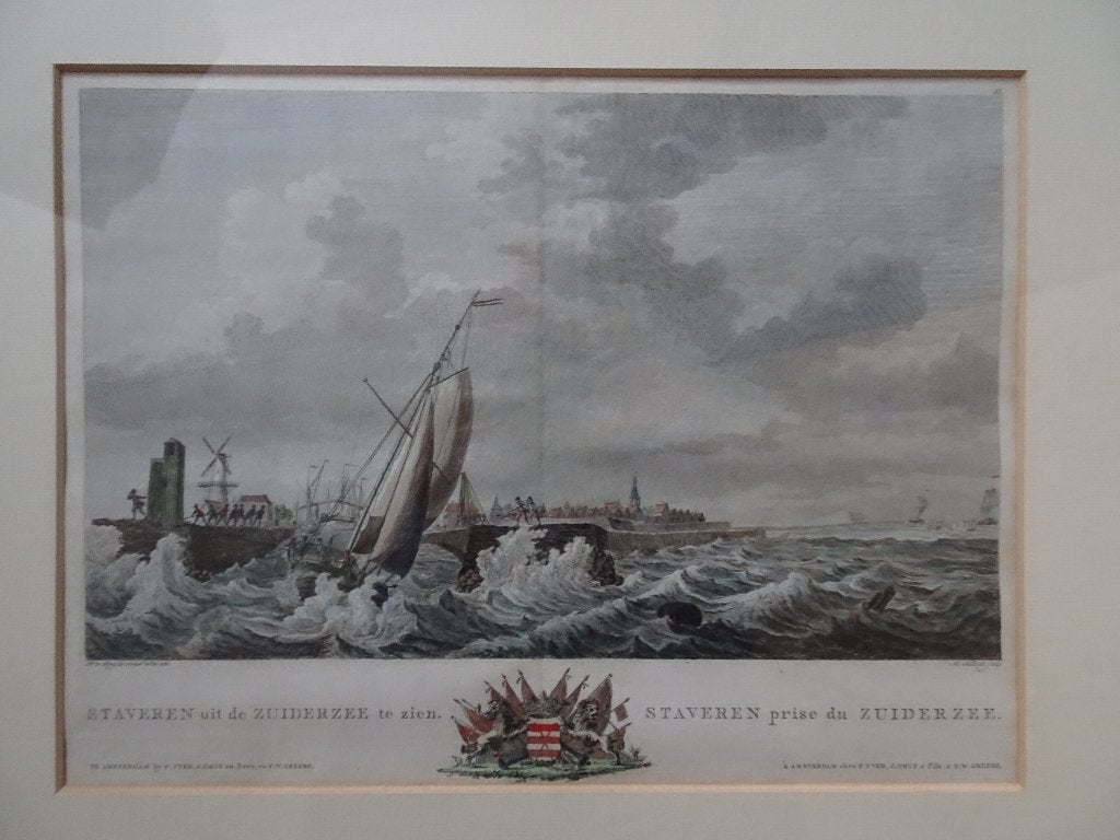 Kopergravure Staveren vanuit Zuiderzee, M. Sallieth 1781, Ophalen of Verzenden, Ingelijst