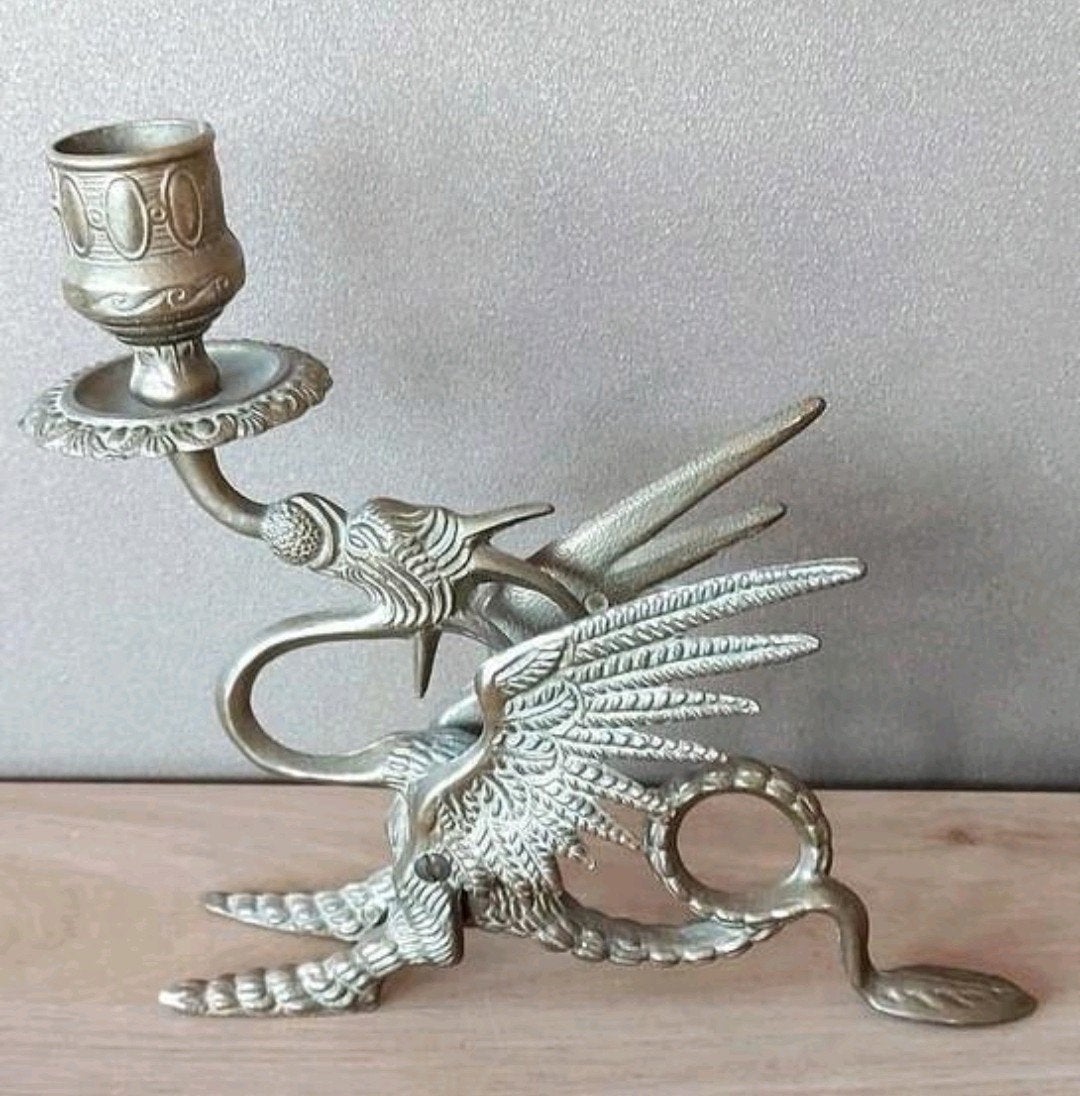 Antieke kandelaar draak, brons/koper, Antiek en Kunst, Antiek | Kandelaars, Verzenden, Koper of Brons