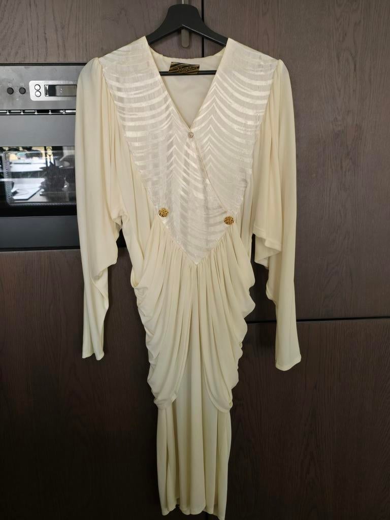 Vintage Witte Jurk met Gouden Knopen - Waterval Effect, Ophalen of Verzenden, Zo goed als nieuw, Wit, Boven de knie