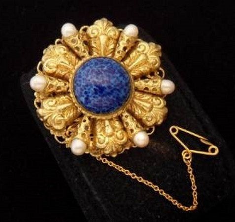 Beeldschone antieke Tsjechische broche, parels, blauwe steen, Ophalen, Overige materialen, Broche