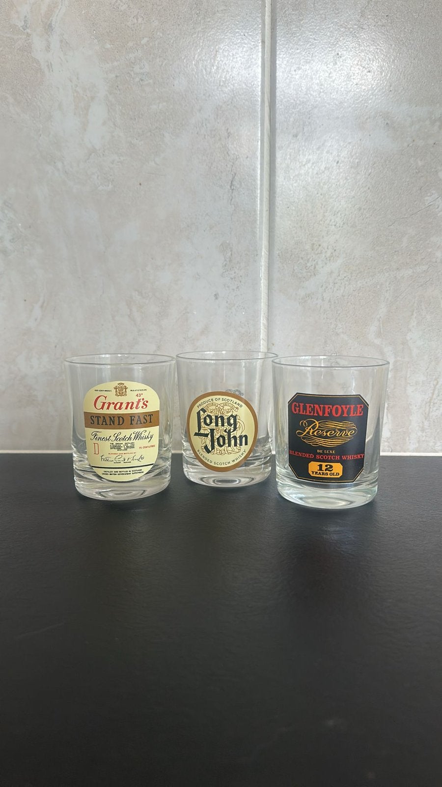 Set van 3 vintage whiskyglazen Grant's, Long John, Glenfoy, Verzamelen, Ophalen of Verzenden, Zo goed als nieuw, Overige typen