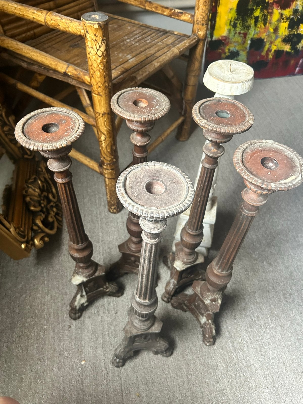Set van 6 Antieke Houten Kandelaars, Ophalen, Overige materialen