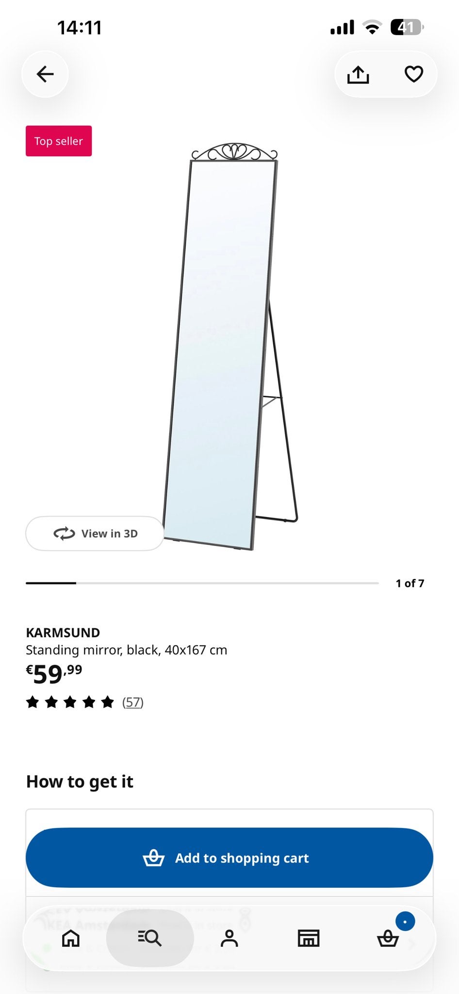 KARMSUND Staande spiegel, zwart, 40x167 cm, Huis en Inrichting, Minder dan 50 cm, Ophalen of Verzenden, Zo goed als nieuw, 150 tot 200 cm