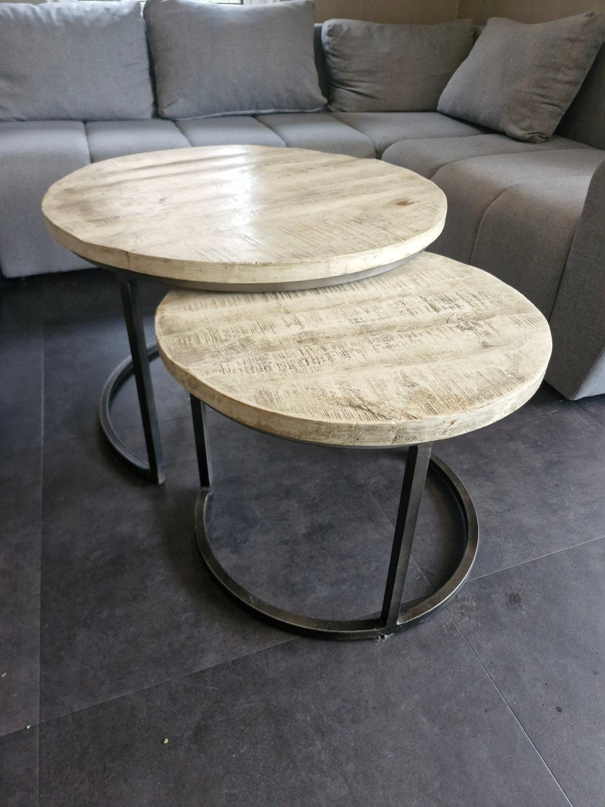 Set van 2 ronde salontafels, Gebruikt, Industrieel, Landelijk, Rond, Ophalen