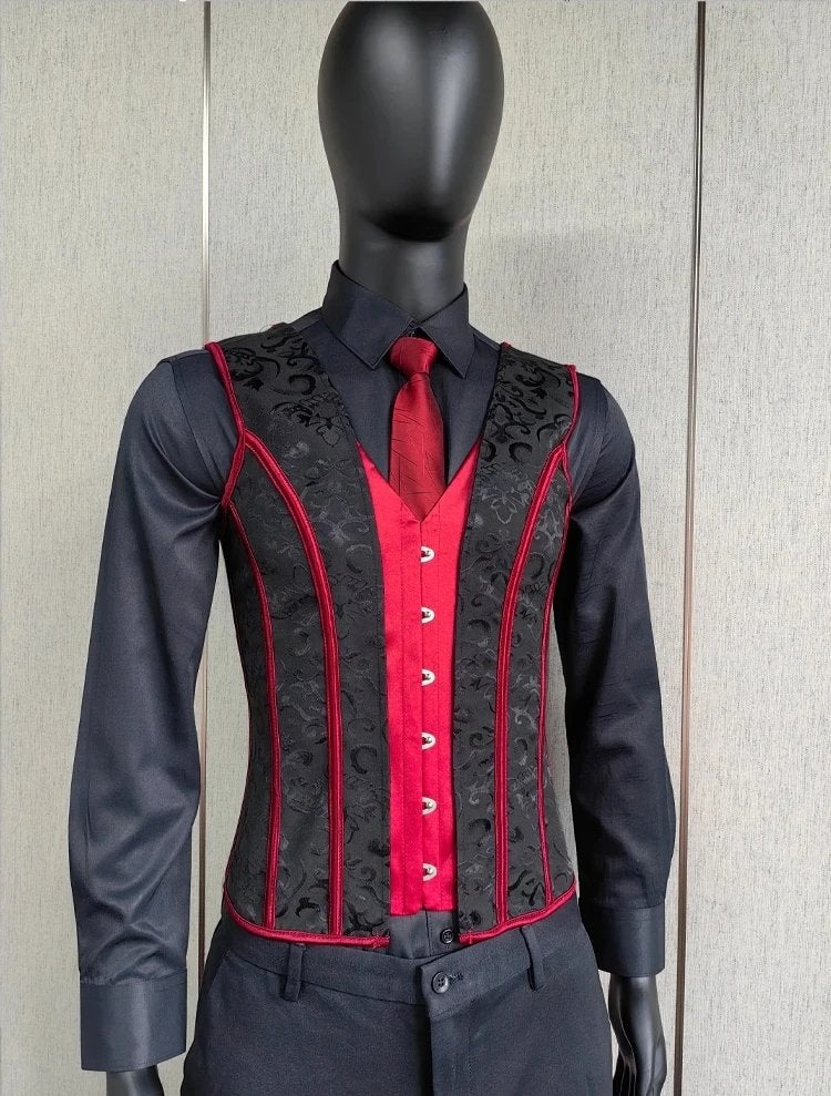 Heren zwart rood middeleeuws korset steampunk gothic, Verzenden, Nieuw, Overige maten, Kleding