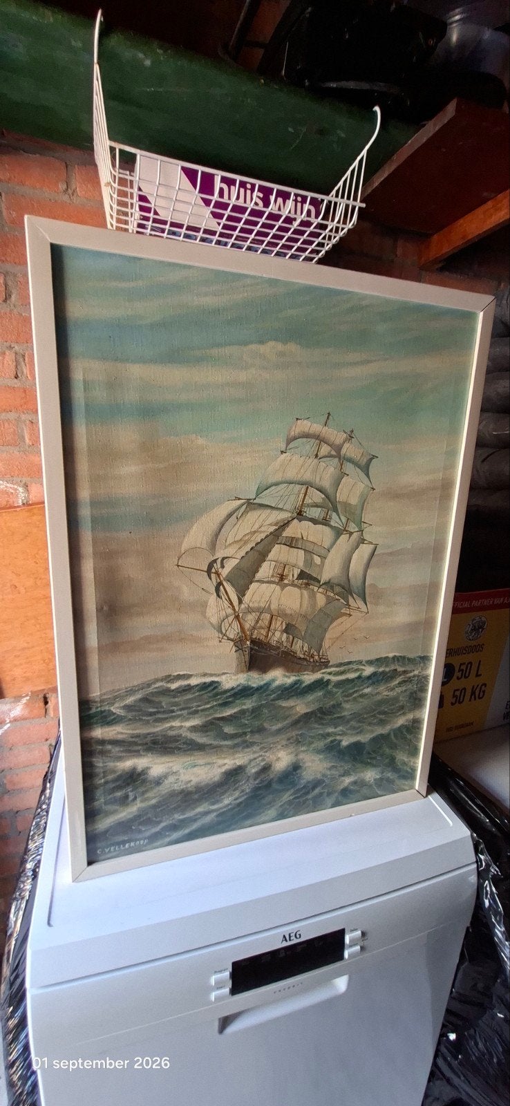Schilderij C. Vellekoop - Zeilschip op woelige zee, Ophalen, Maritiem / water, Doek, Realistisch