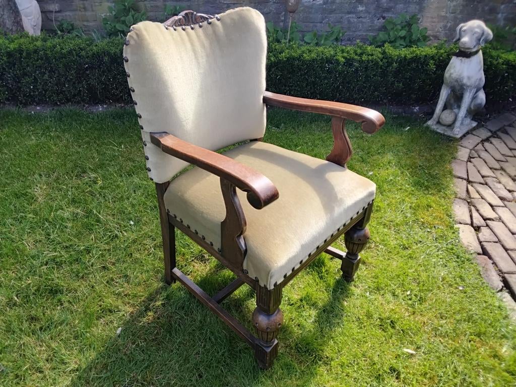 Antieke Eikenhouten Fauteuil met Groen Velours Bekleding, Antiek en Kunst, Antiek | Meubels | Stoelen en Banken, Ophalen