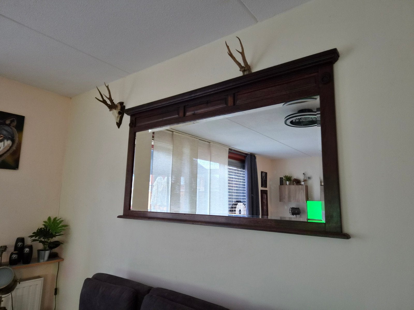 Grote koloniale spiegel met houten lijst, Antiek en Kunst, Ophalen, Rechthoekig, 150 tot 200 cm, Minder dan 100 cm