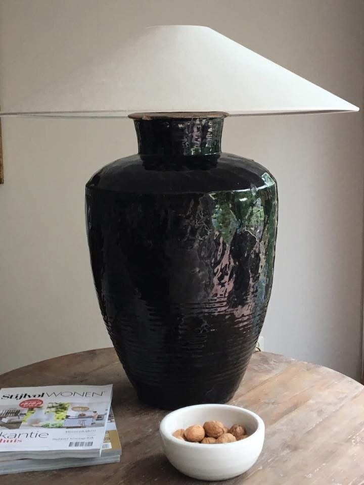 Oude Chinese rijstwijn  kruiklamp zwart glazuur., Huis en Inrichting, Ophalen, 60 cm, Keramiek, Zo goed als nieuw