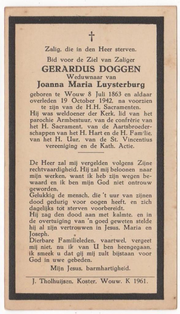 Gerardus Doggen 1863 Wouw + 1942 Wouw, 79 jaar, Verzenden