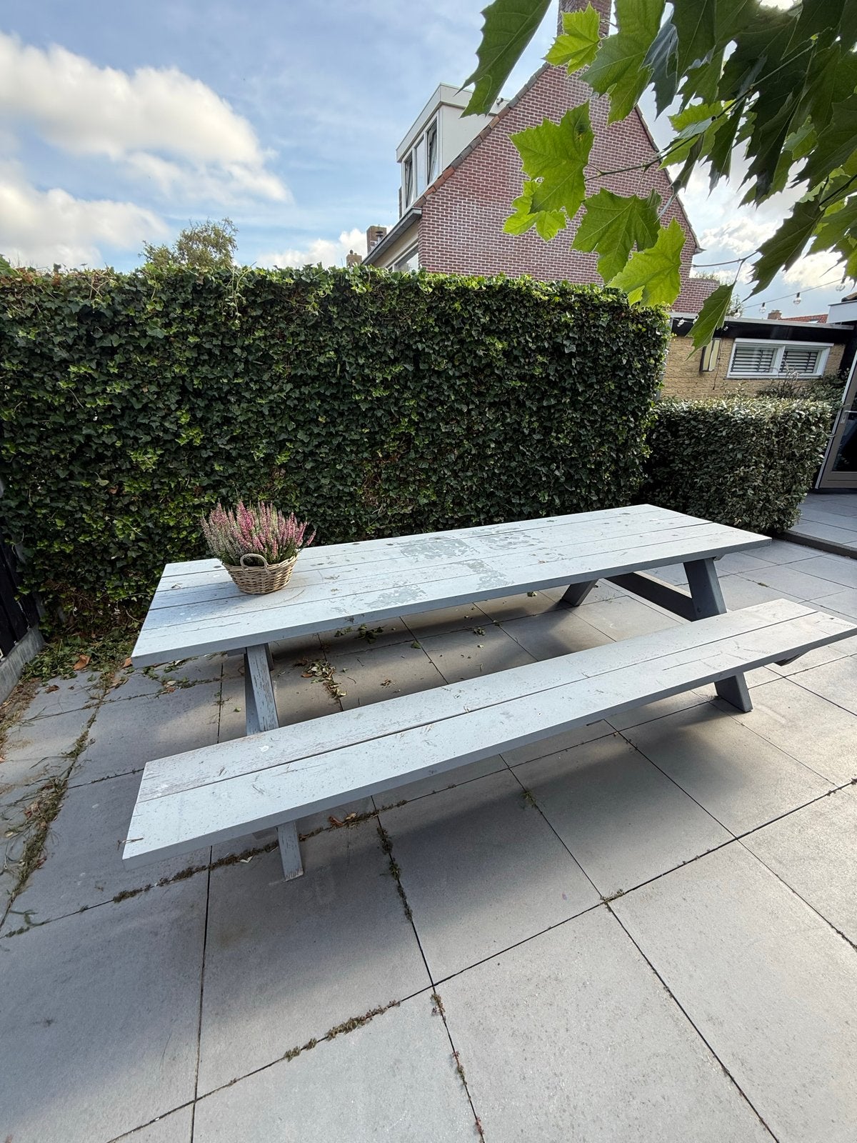 Grijze picknicktafel met hout 3 meter, Tuin en Terras, Picknicktafels, Ophalen, Gebruikt, Rechthoekig, Hout