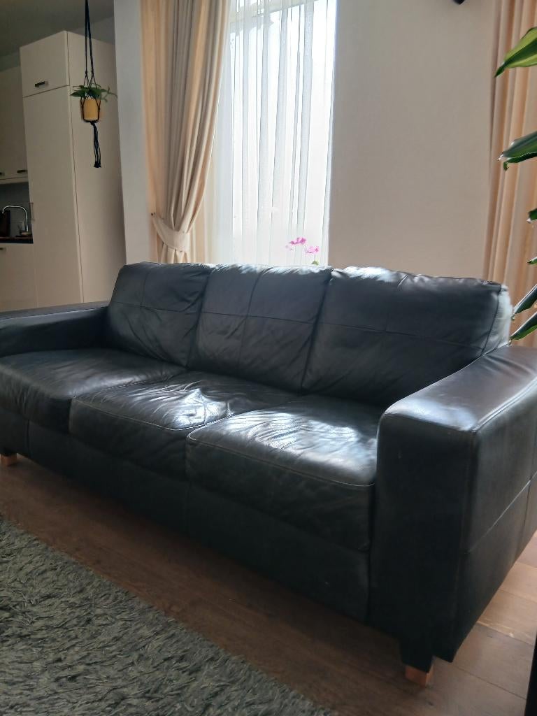 bankstel zwart leer, Huis en Inrichting, Ophalen, Gebruikt, Driepersoons, Rechte bank