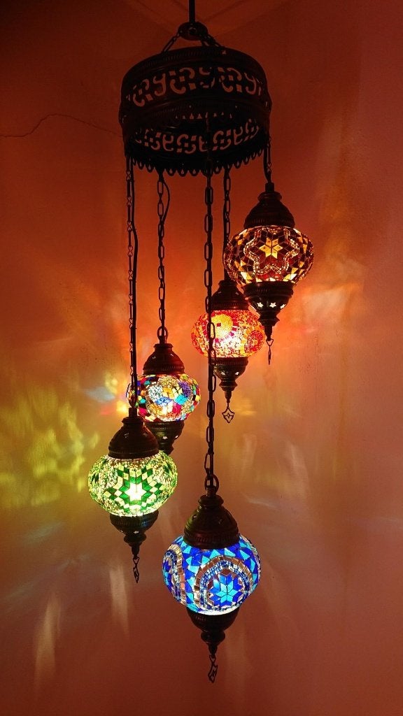 Oosterse Arabische kroonluchter hanglamp glasmozaiek set 5, Oosters Arabisch 1001nacht Boho Ibiza Marrakech Marokkaans Turks, E14 (klein)