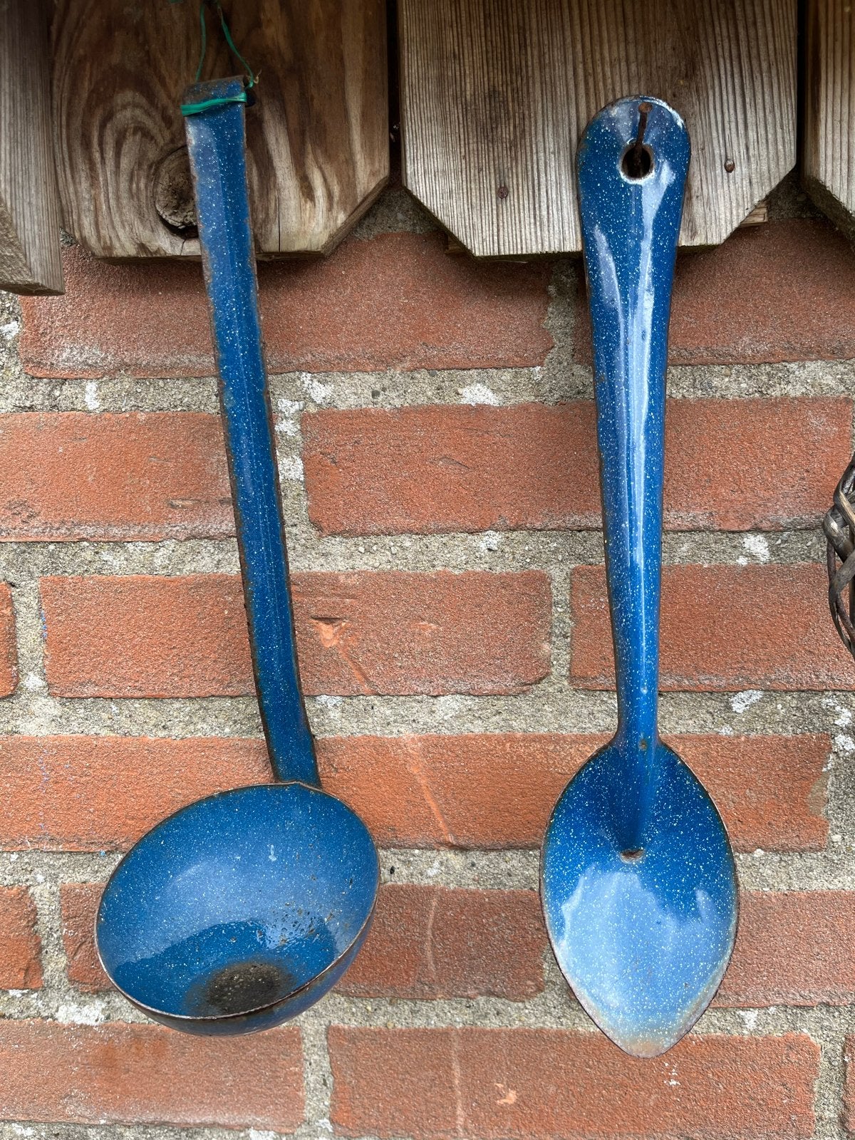 Vintage blauwe emaille pollepel en opscheplepel, Ophalen of Verzenden