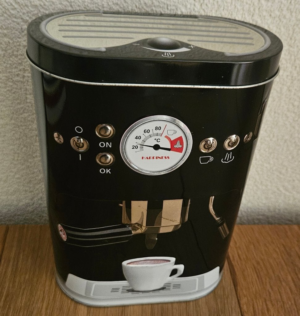Koffie blik in de vorm van een espressomachine 20x12cm, mooi, Verzamelen, Blikken, Ophalen of Verzenden, Zo goed als nieuw, Koffie