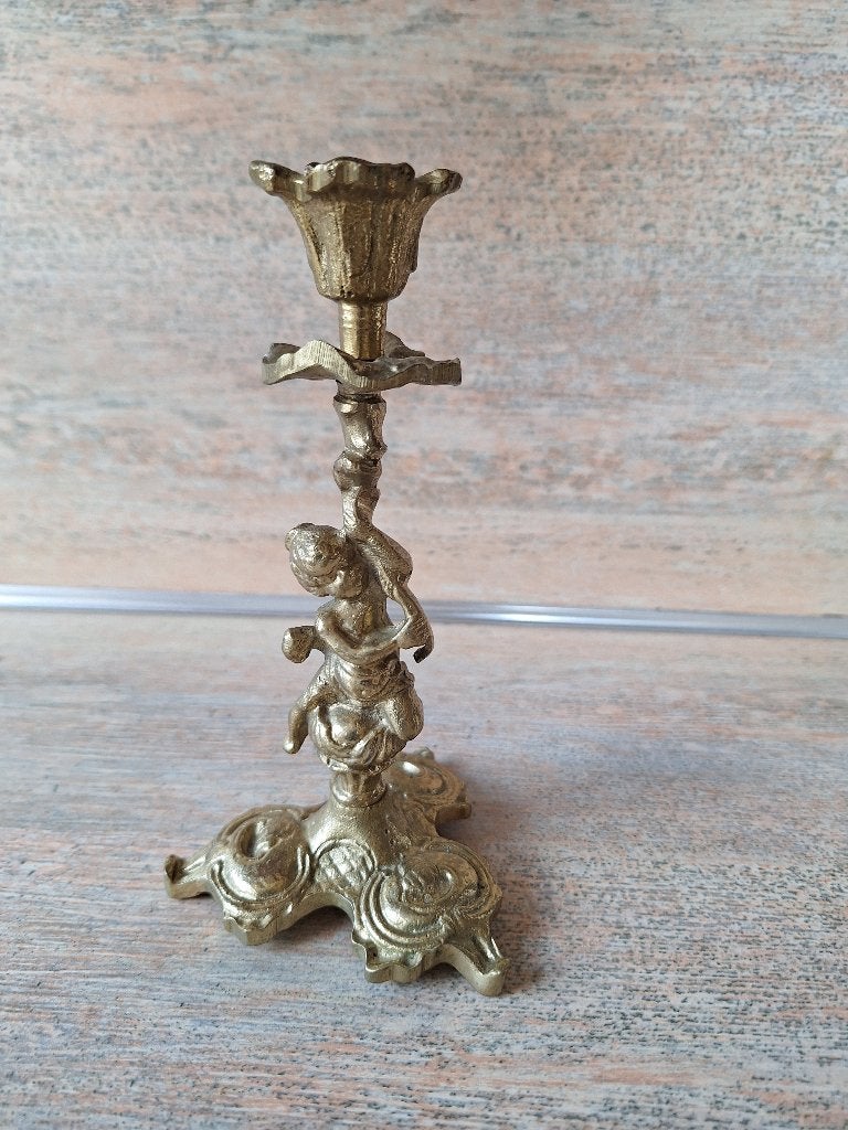 Koperen Kandelaar met Engel - 17 cm, Antiek en Kunst, Antiek | Kandelaars, Ophalen, Koper of Brons