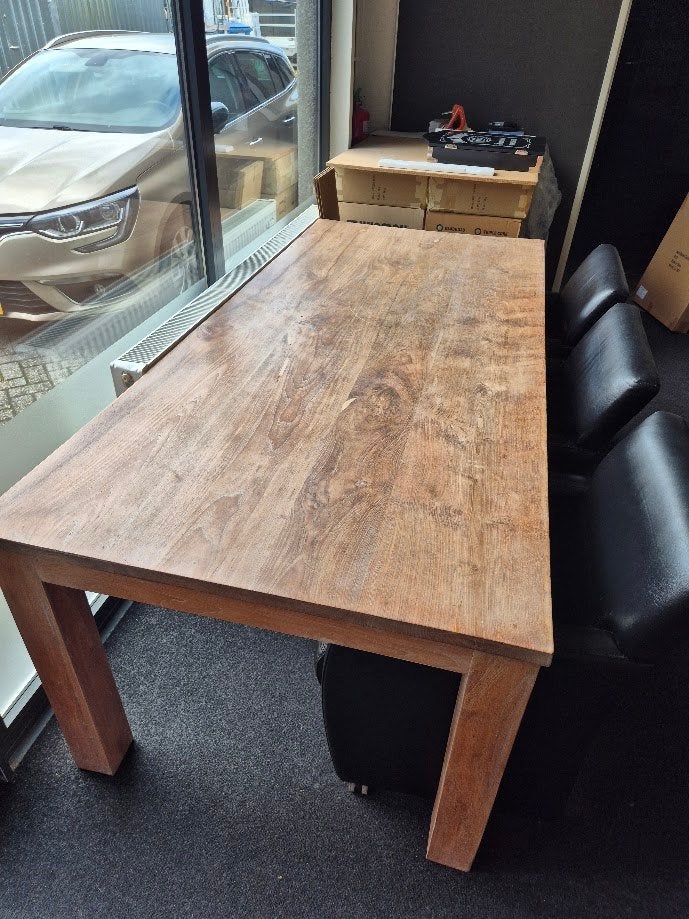 Teak Eetkamertafel met 6 lederen stoelen, Ophalen, Massief Teak White Wash, Gebruikt, Teakhout
