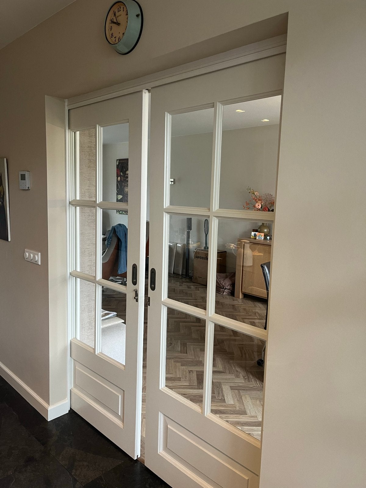 Landelijke ensuite deuren met helder glas en schuifsysteem, Ophalen, Gebruikt, 120 cm of meer, Binnendeur