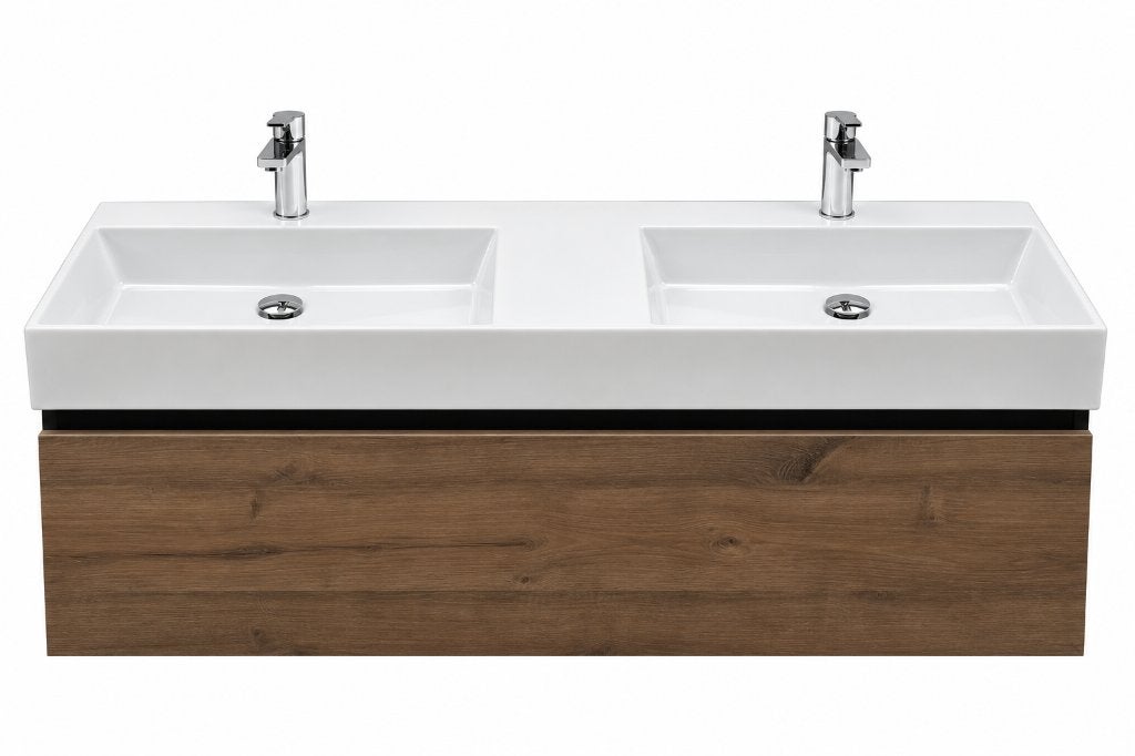 Badmeubel 140cm Donker eiken/Glans wit – 1 laden, Ophalen, 100 tot 150 cm, Nieuw, Minder dan 100 cm