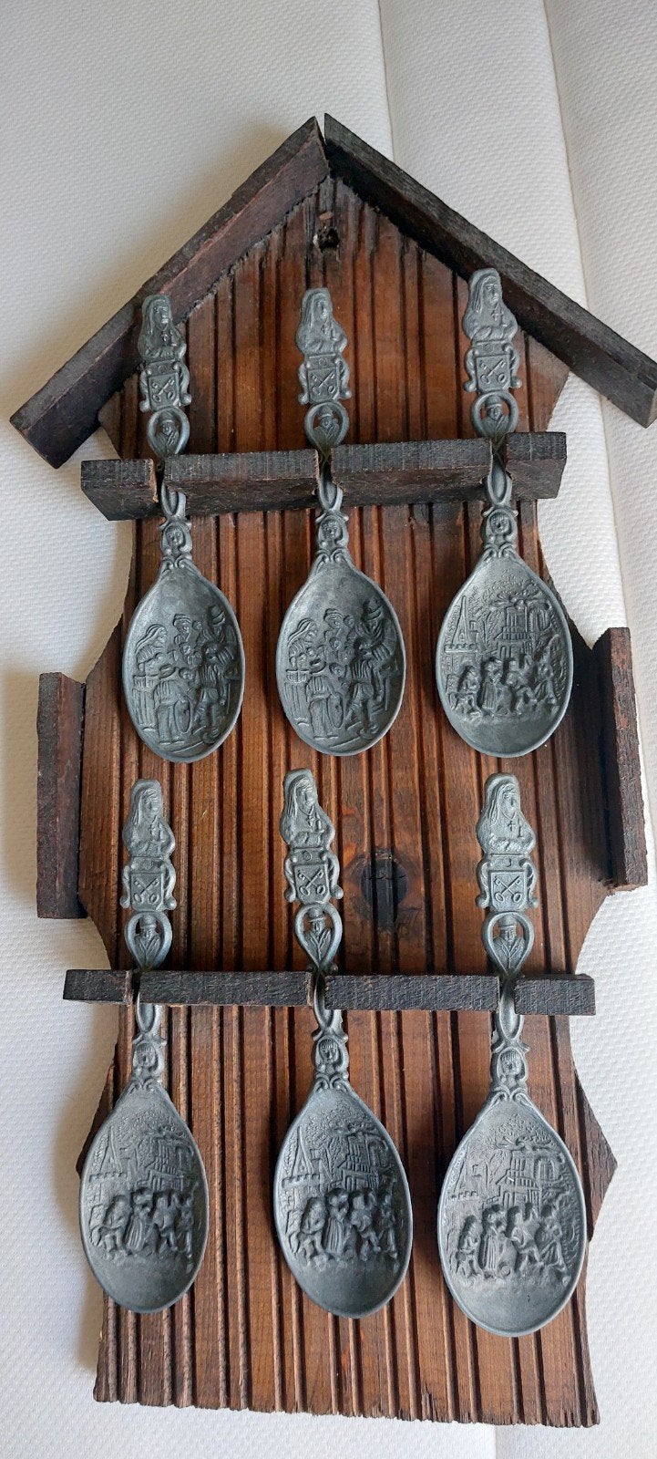 Oud tinnen lepelrek met 6 gedetailleerde lepels, Ophalen of Verzenden