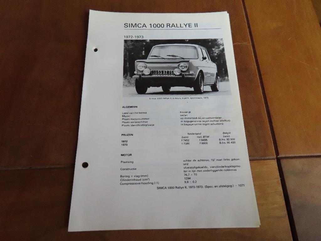 Simca 1000 Rally 2 1972-1973 specs + afstellingen, Ophalen of Verzenden