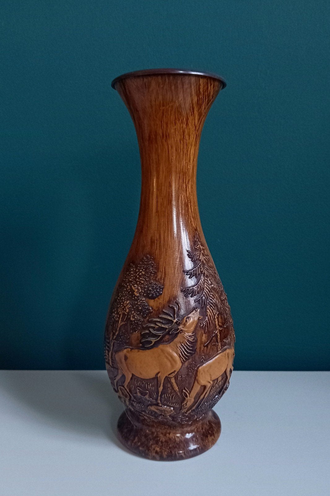 Vintage houtlook vaas herten, Ophalen of Verzenden, Zo goed als nieuw, Bruin, Kunststof