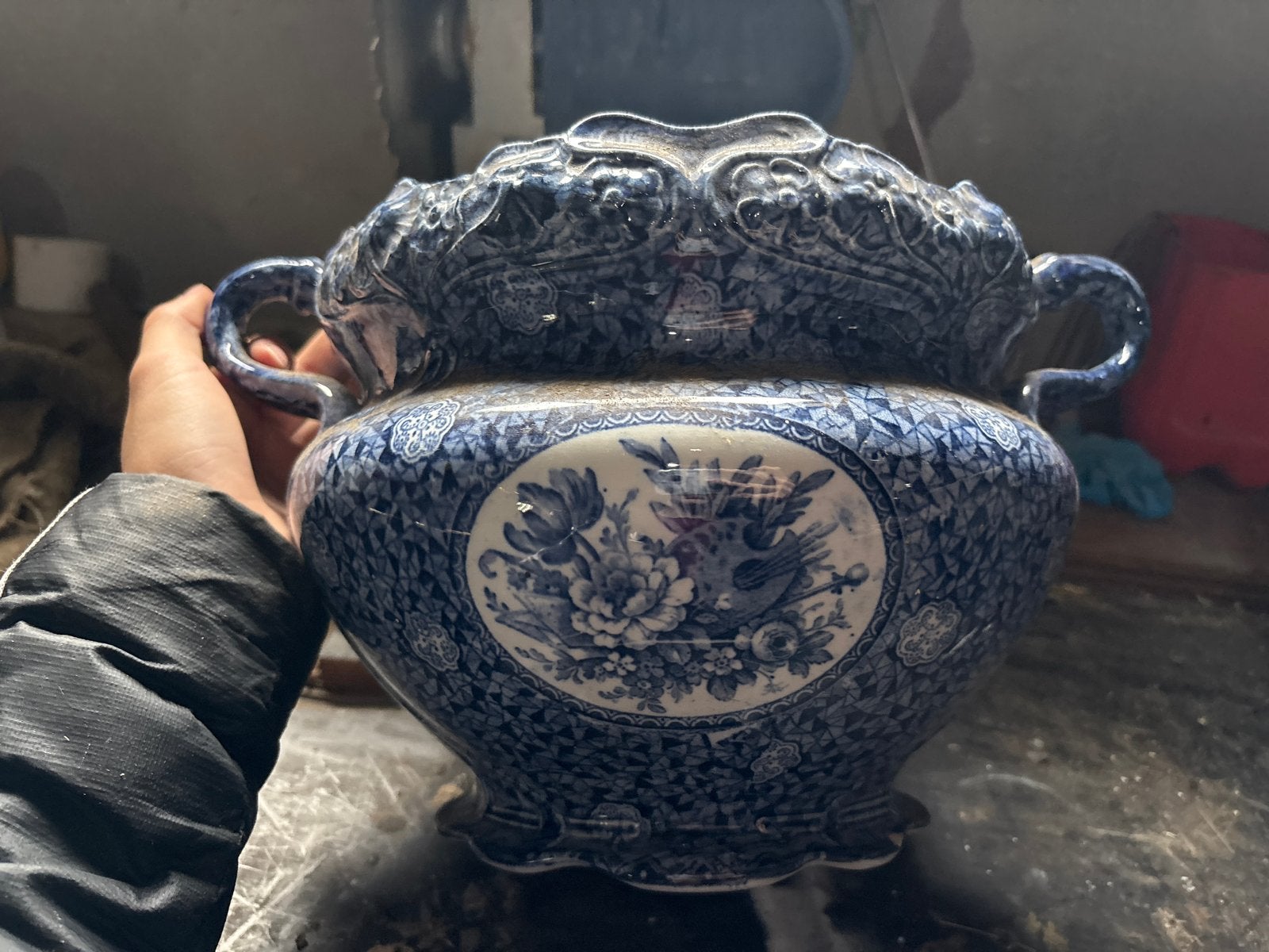 Antieke Delftsblauwe Bloempot met Handvatten, Antiek en Kunst, Ophalen