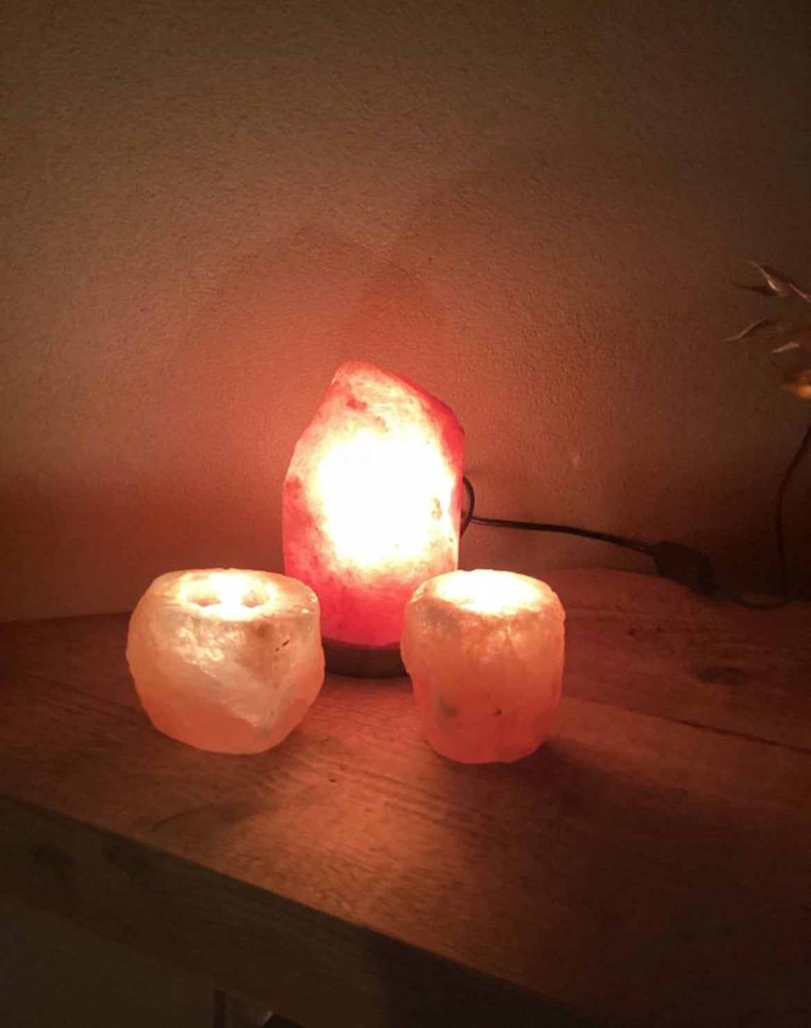 Himalaya zoutlamp en 2 waxinelichthouders, Overige merken, Natuurlijk materiaal, Waxinelichthouder, Nieuw