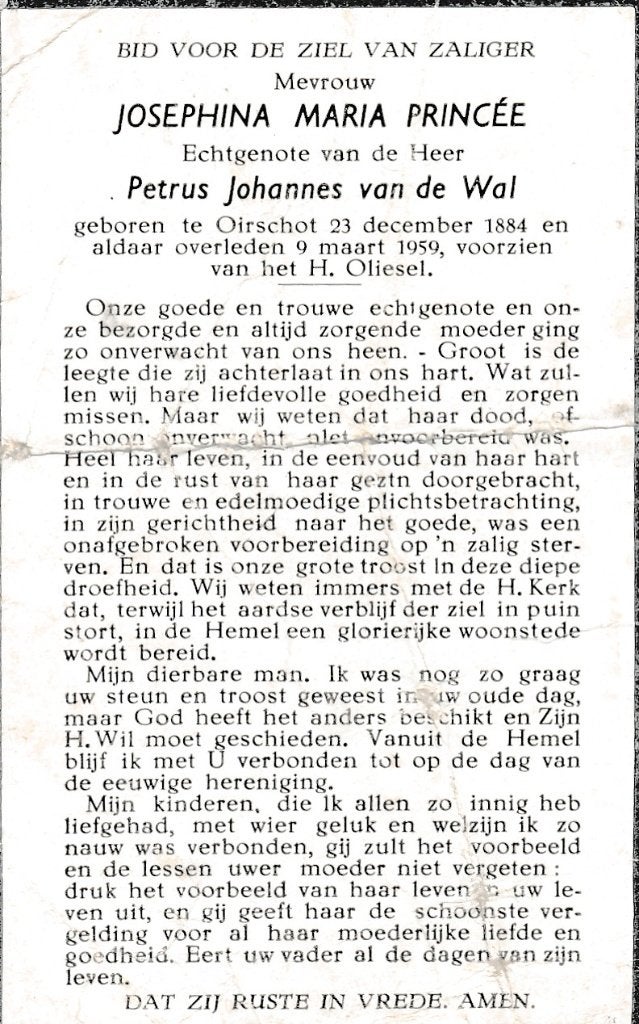 Princée Josephina 1884 Oirschot 1959, Verzamelen, Ophalen of Verzenden, Bidprentje