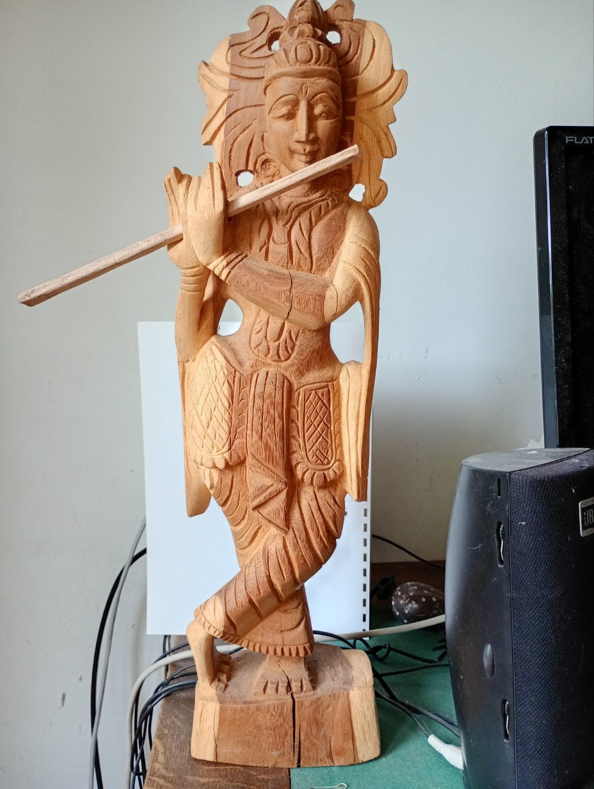 Balinese hardhouten beeld Krishna met fluit, 51 cm , 1800 gr, Antiek en Kunst, Ophalen, 50 - 100 cm, Handgemaakt, Beeld